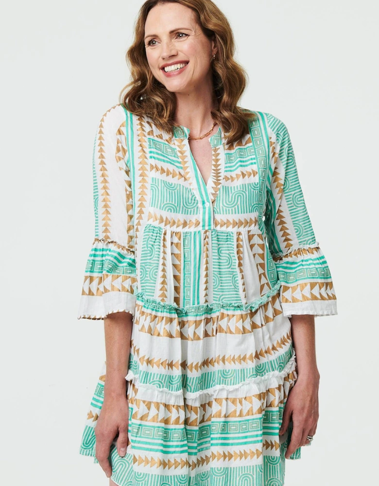 Printed 3/4 Sleeve Tiered Mini Dress