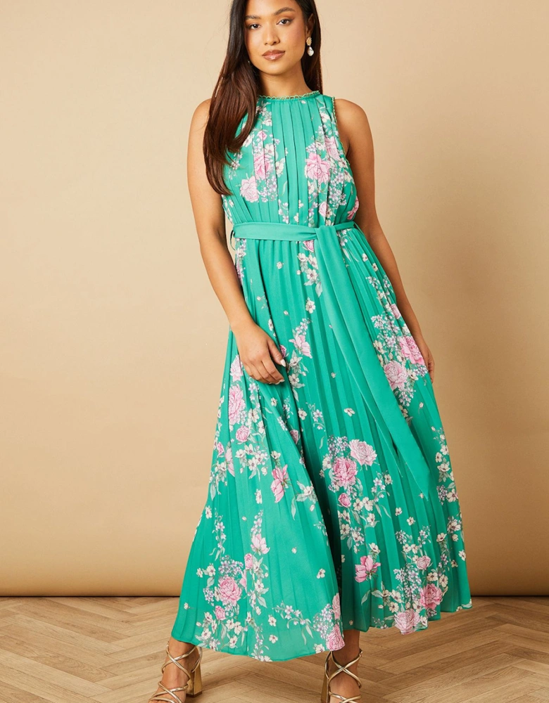 Petite Green Floral Pleated Belted Midi Dress