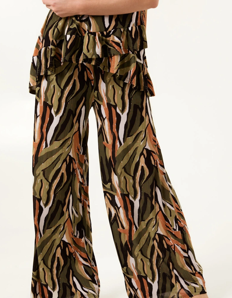Khaki Plisse Tropical Print Wide Leg Trousers