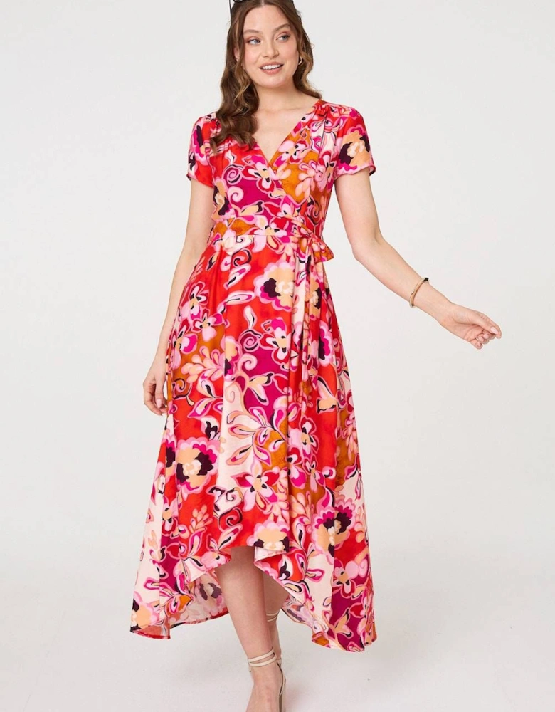 Printed Short Sleeve Wrap Midi Dress