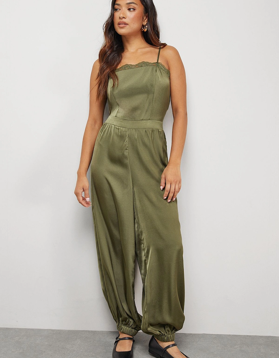 Petite Satin Lace Trim Elasticated Cuff Strappy Jumpsuit, 2 of 1