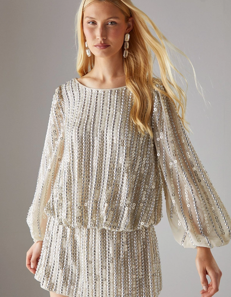 Hen Hand Embellished Sequin Slash Neck Blouson Mini Dress
