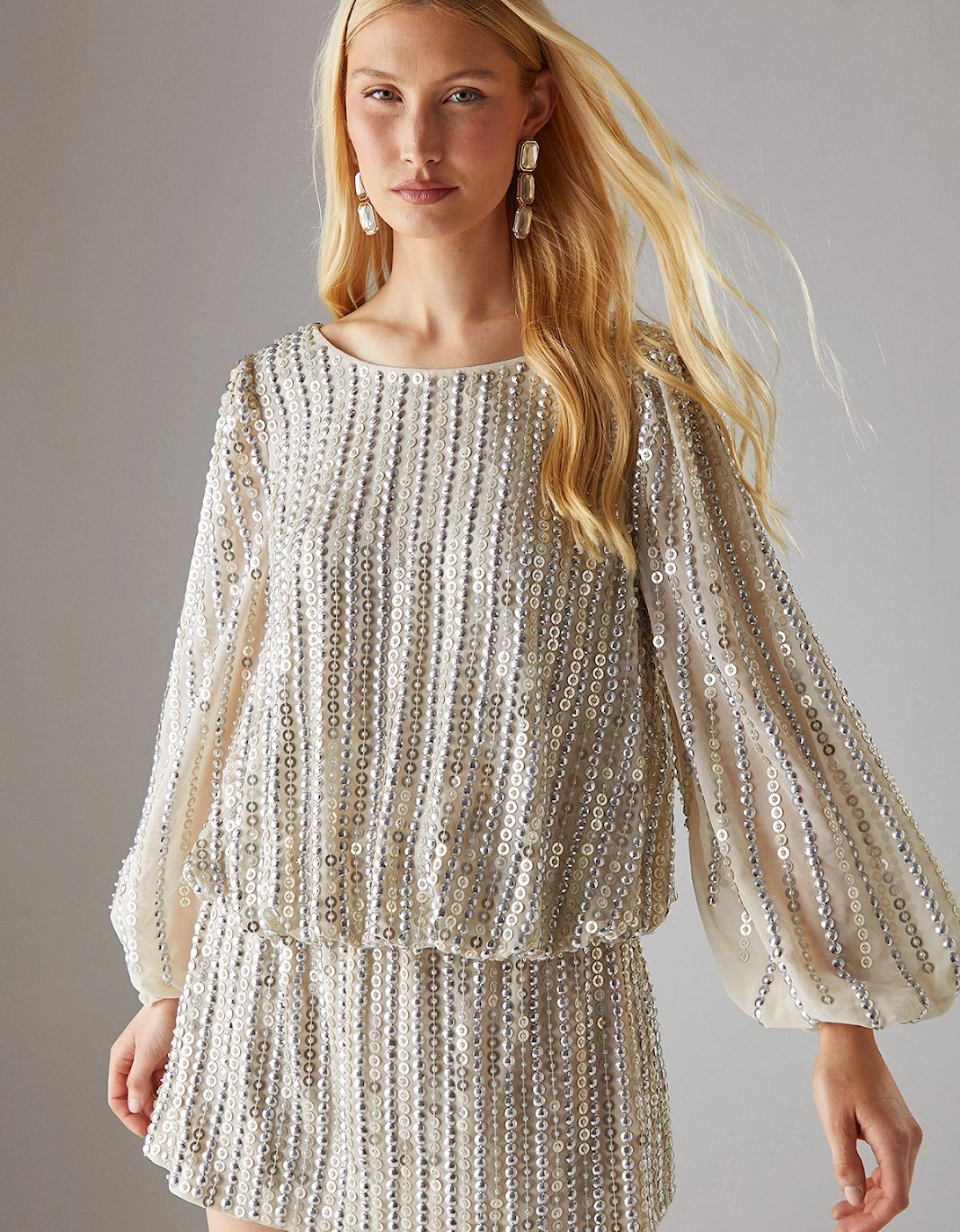 Hen Hand Embellished Sequin Slash Neck Blouson Mini Dress, 2 of 1