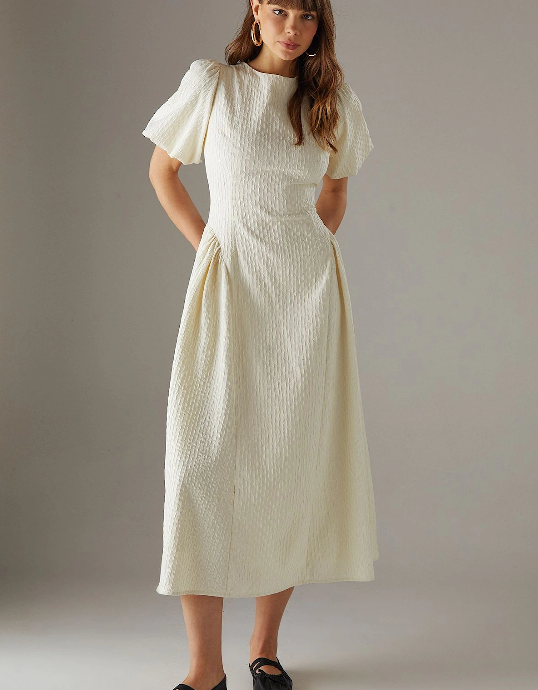 Seersucker Organza Godet Side Puff Sleeve Midi Dress, 2 of 1