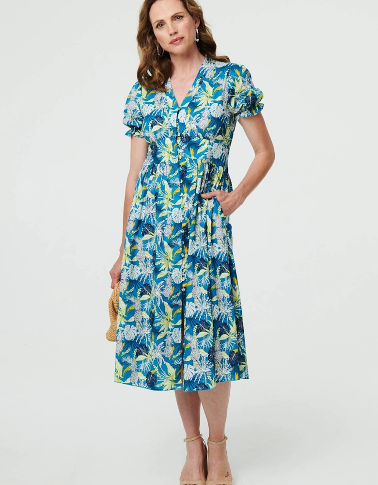Leaf Print Short Sleeve Shirt Midi Dress