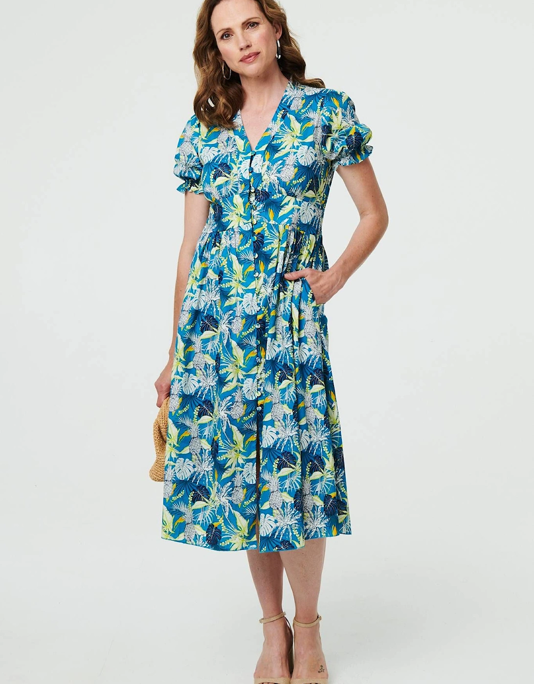 Leaf Print Short Sleeve Shirt Midi Dress, 2 of 1