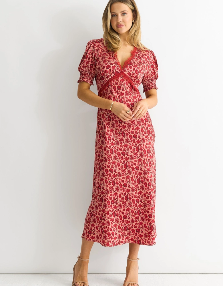 Red Floral Lace Trim V Neck Midi Dress