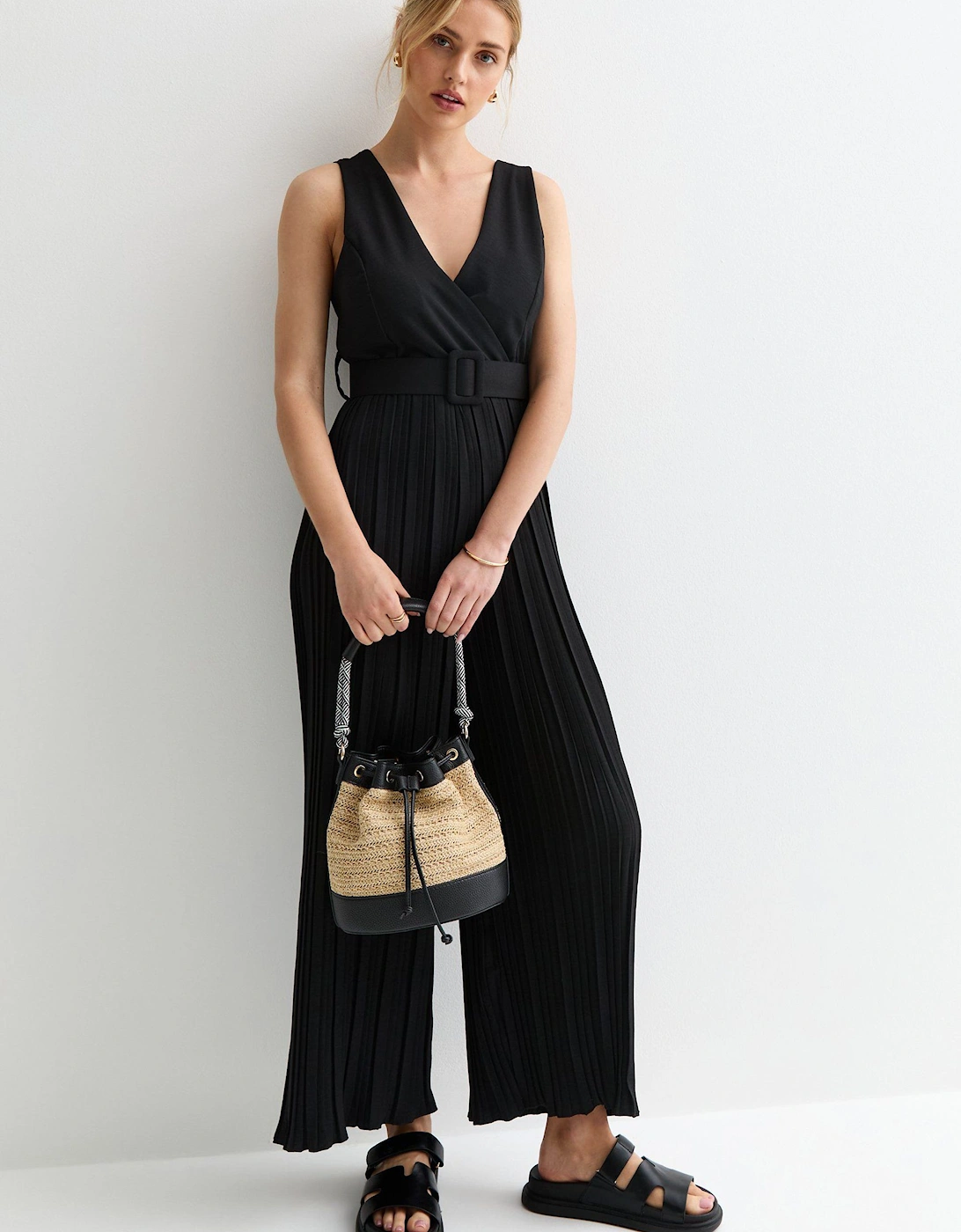 Black Wrap Top Bellted Plisse Jumpsuit, 2 of 1