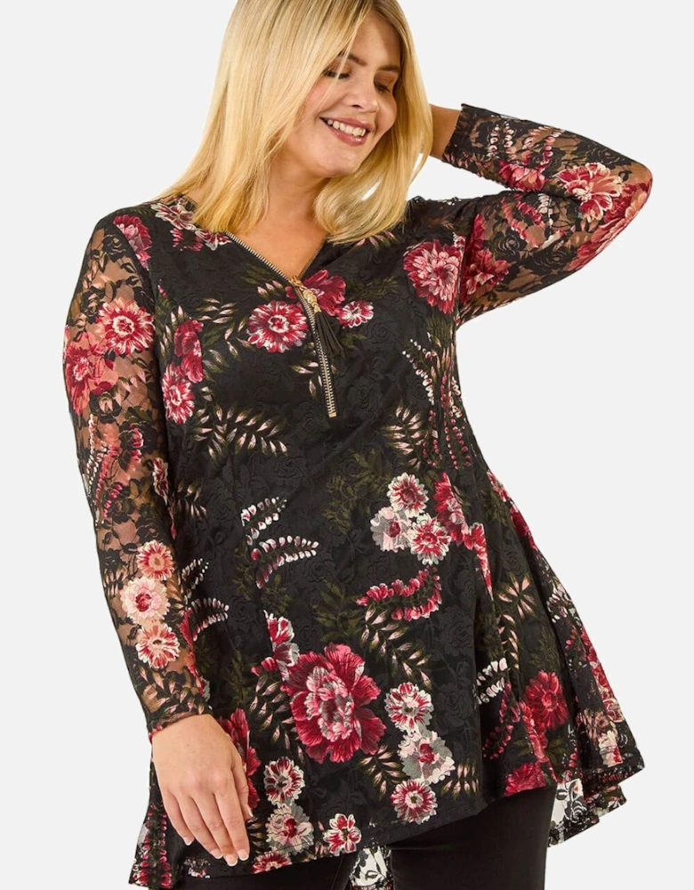 Curve Zip Front Floral Lace Top