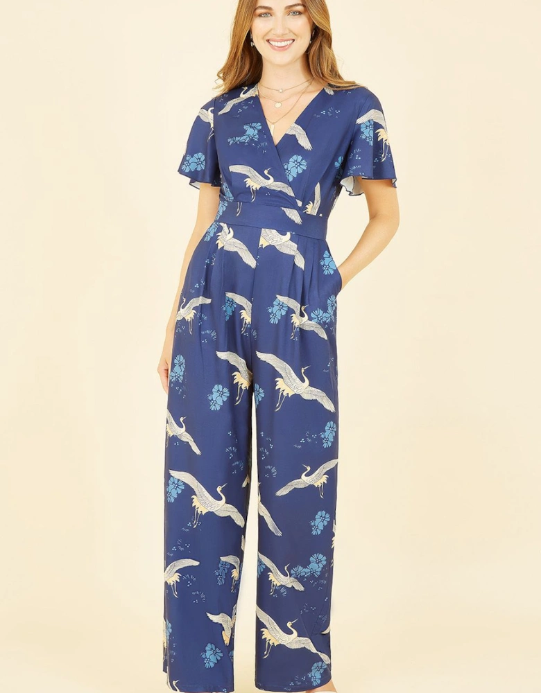 Navy Crane Print Angel Sleeve Jumpsuit