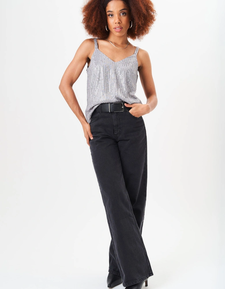 Silver Sequin V Neck Cami Top