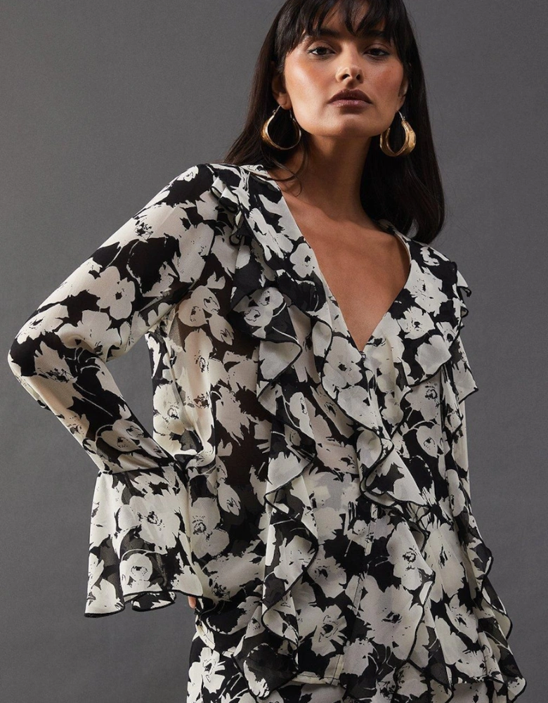 Floral Chiffon Ruffle Front Blouse