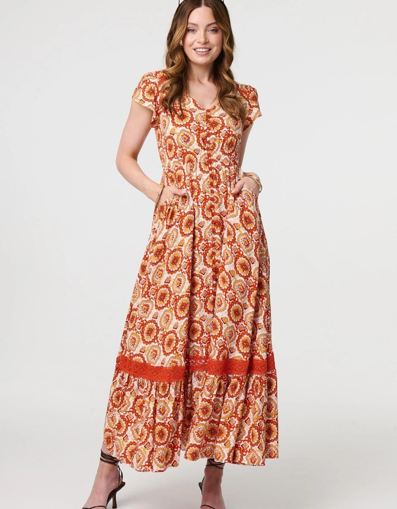 Paisley Cap Sleeve Lace Trim Maxi Dress