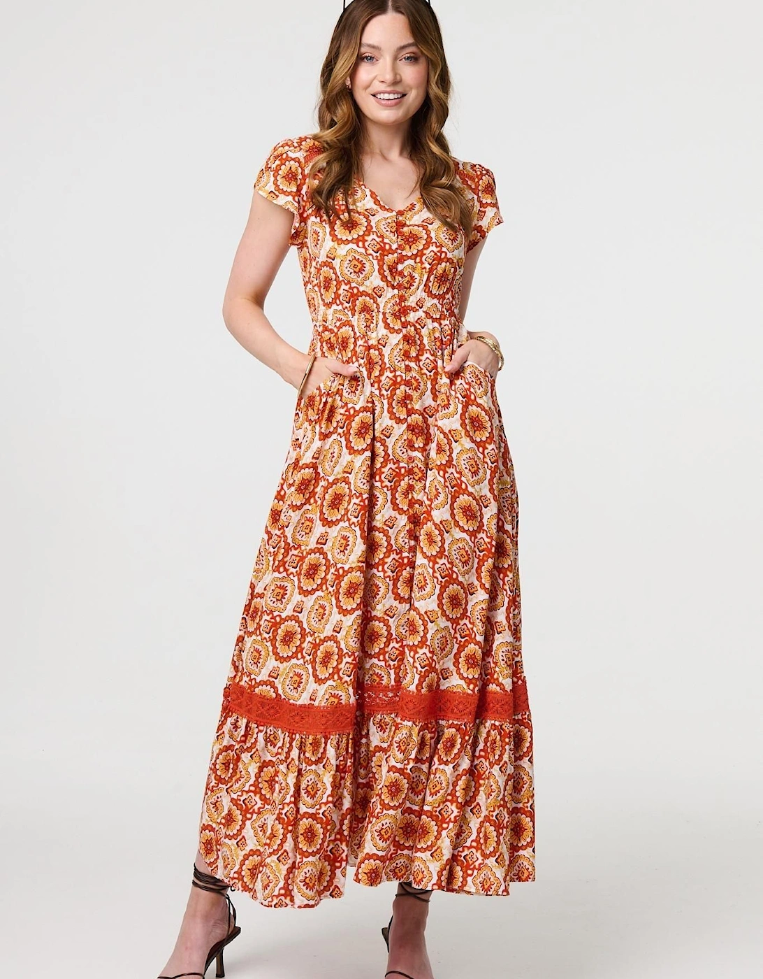 Paisley Cap Sleeve Lace Trim Maxi Dress, 2 of 1
