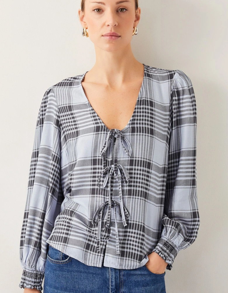 Ava Tie-Front Check Blouse Blue