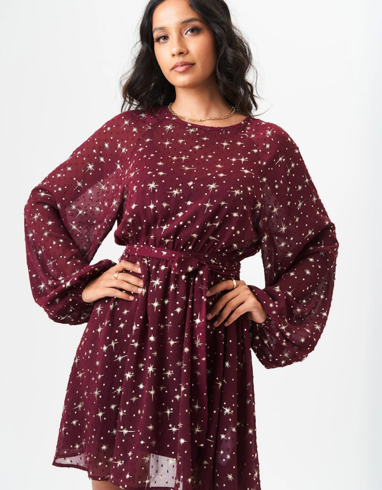 Burgundy Star Print Long Sleeve Mini Dress