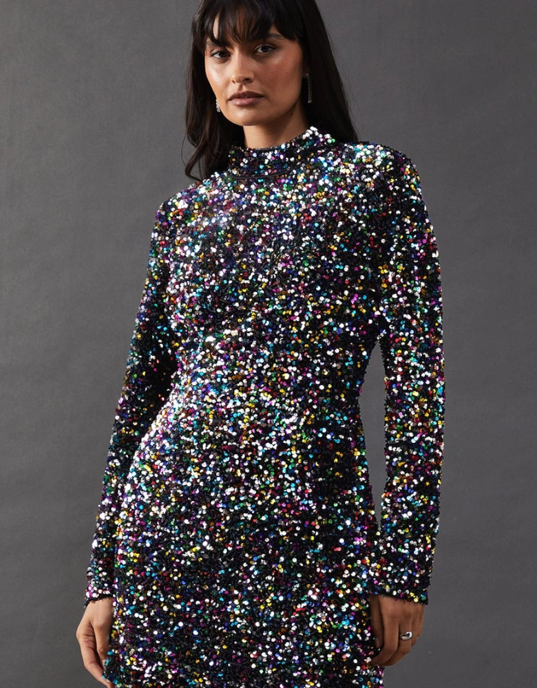 High Neck Velvet Sequin Cutout Back Mini Dress