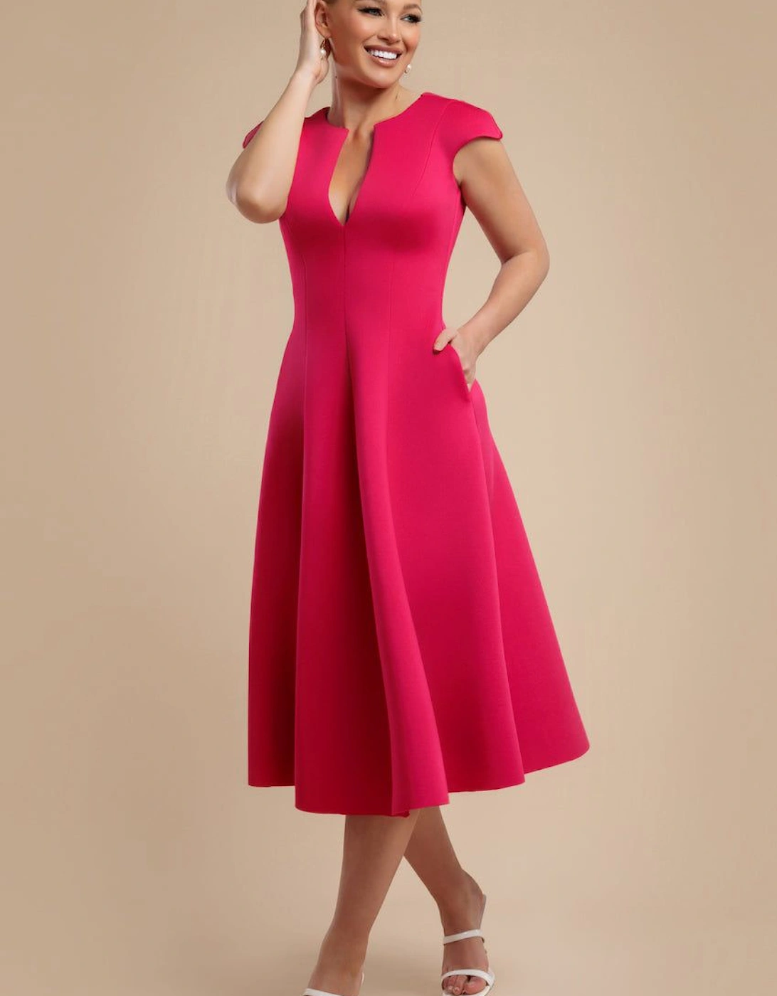 Cap Sleeve Plunging V Neckline A-line Midi Dress, 2 of 1