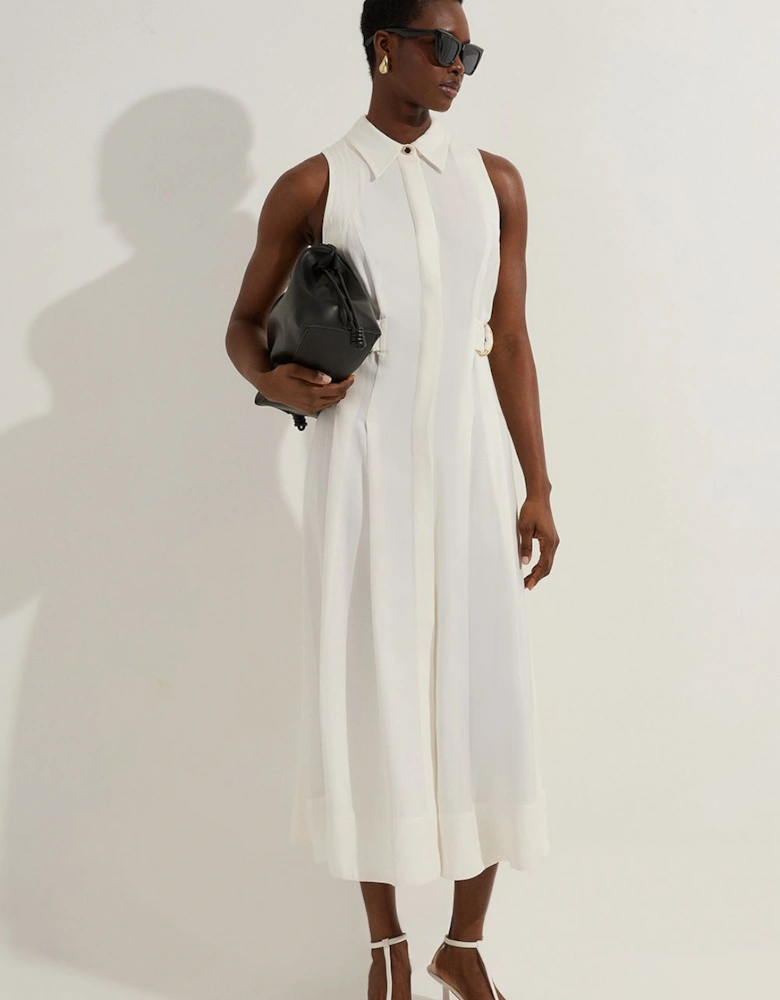 Premium Viscose Linen Topstitch Halter Neck Woven Midi Dress With D Ring Detail