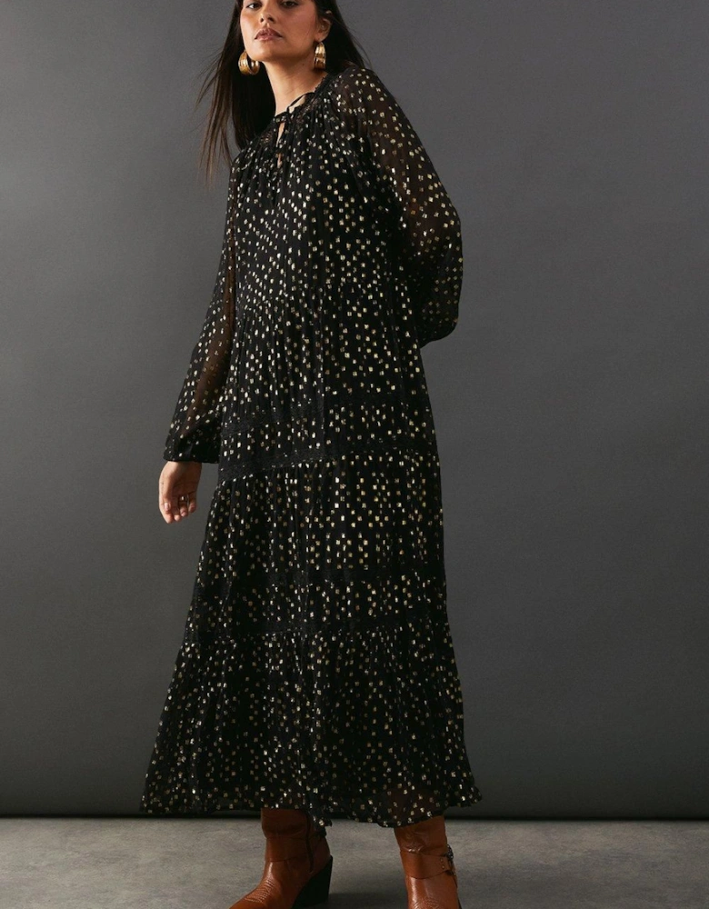 Metallic Jacquard Dobby Lace Insert Midi Smock Dress