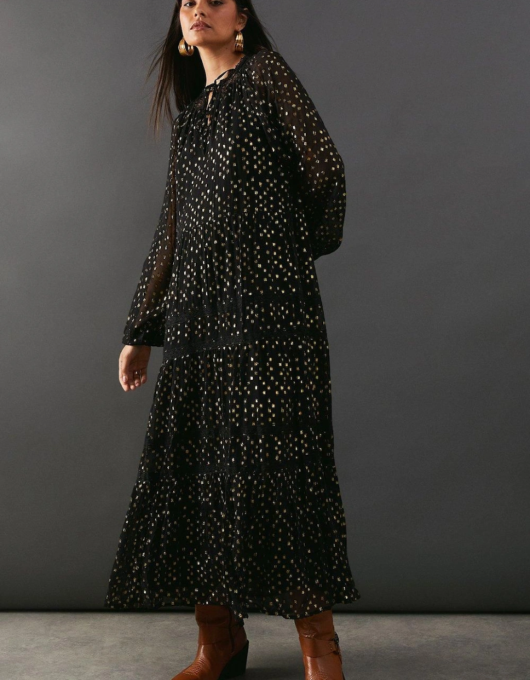 Metallic Jacquard Dobby Lace Insert Midi Smock Dress, 2 of 1