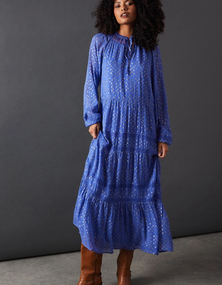 Metallic Jacquard Dobby Lace Insert Midi Smock Dress
