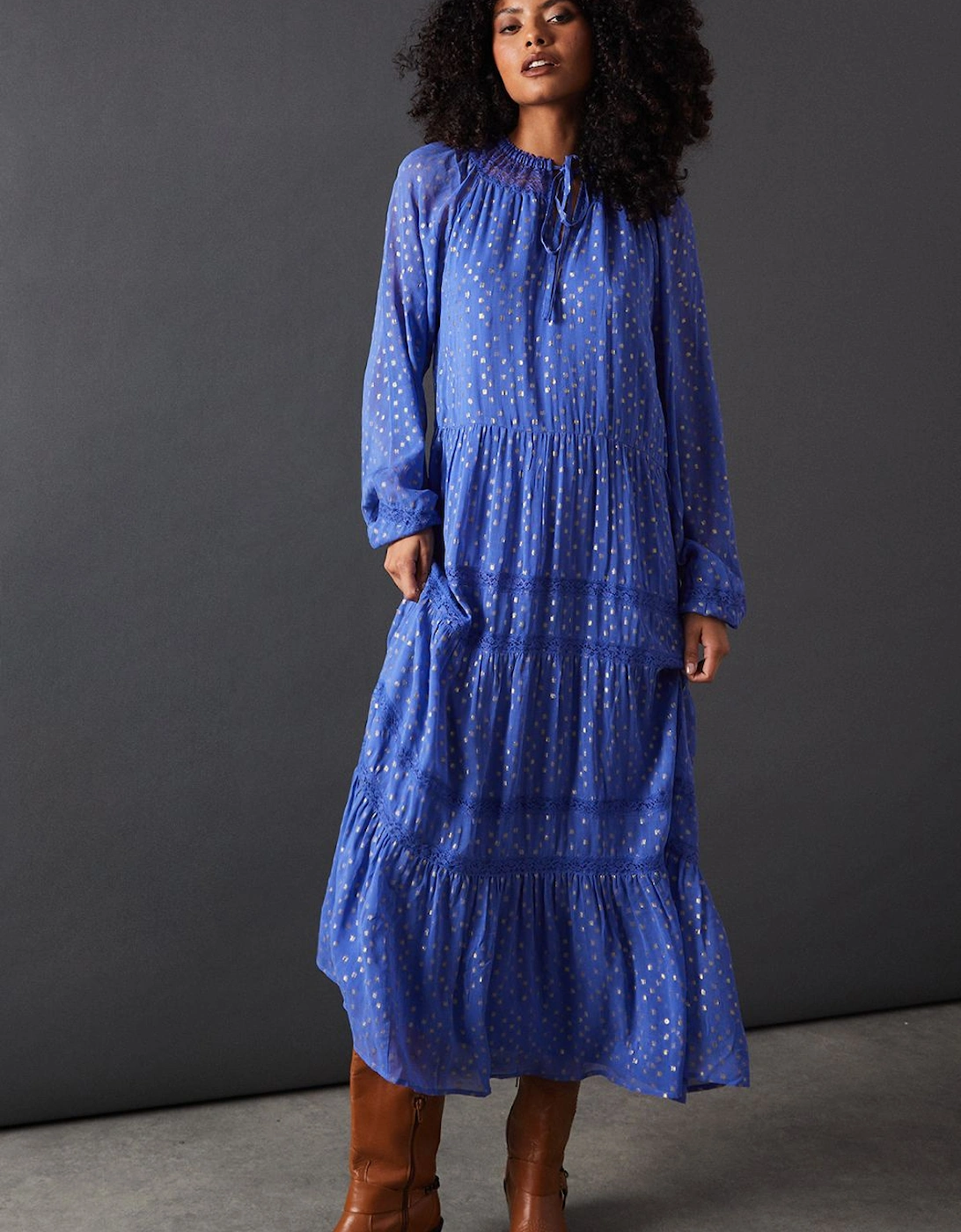 Metallic Jacquard Dobby Lace Insert Midi Smock Dress, 2 of 1
