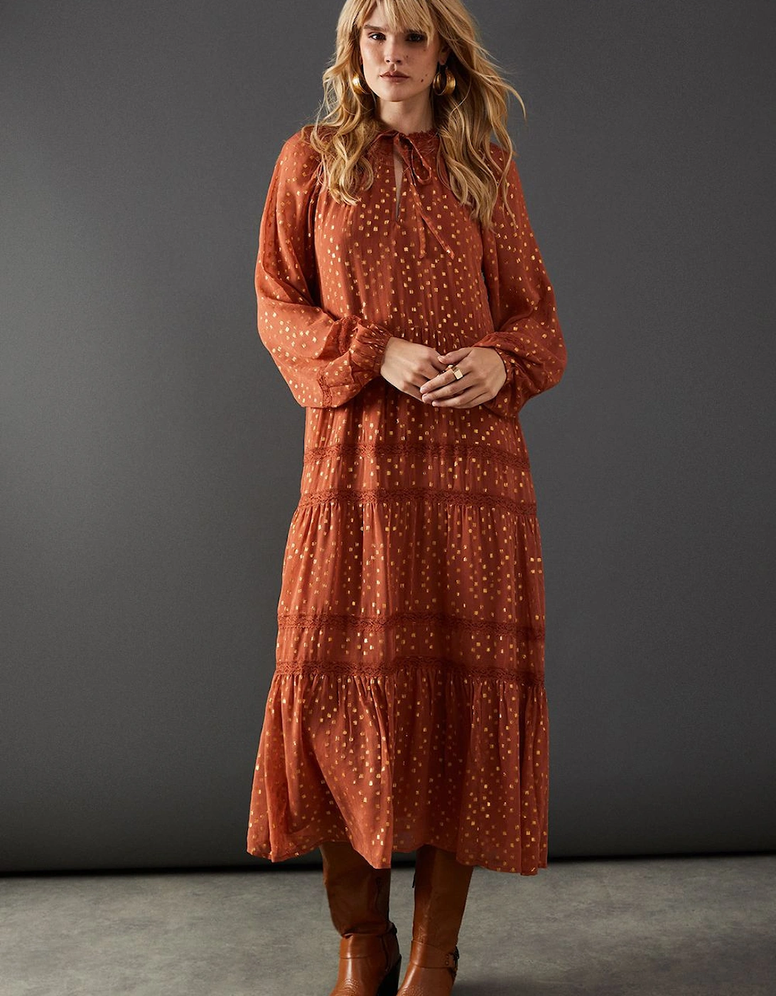 Metallic Jacquard Dobby Lace Insert Midi Smock Dress, 2 of 1