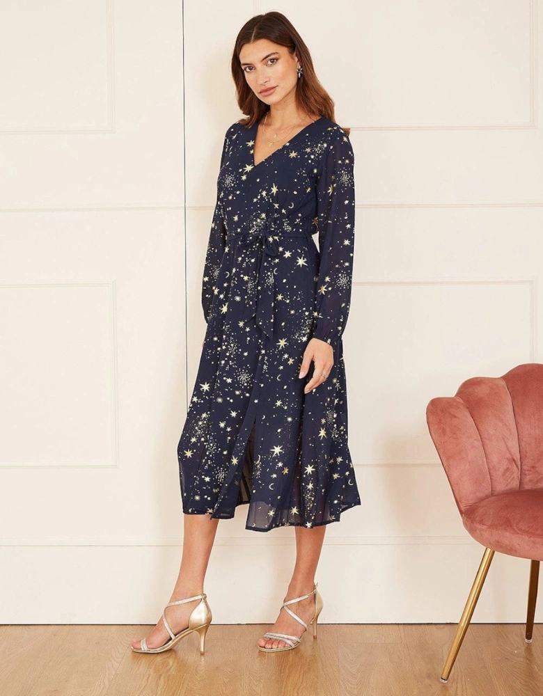 Navy Foil Star Print Long Sleeve Midi Dress