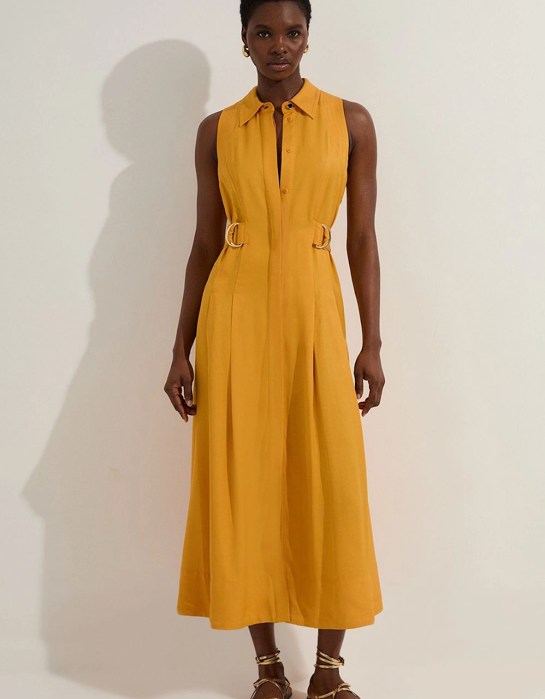 Premium Viscose Linen Topstitch Halter Neck Woven Midi Dress With D Ring Detail, 2 of 1