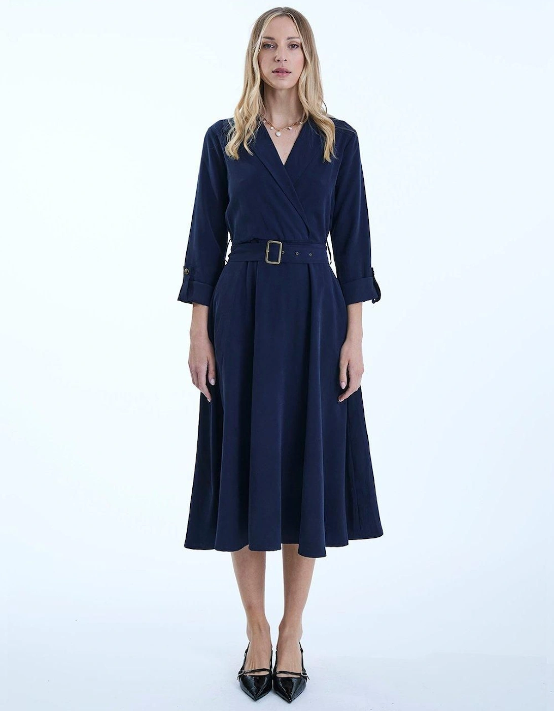 Belted Navy Suit Midi Dress, 2 of 1