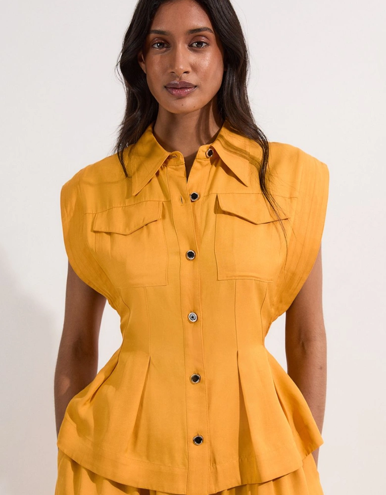 Premium Viscose Linen Topstitch Woven Blouse With Waist Seam Detail