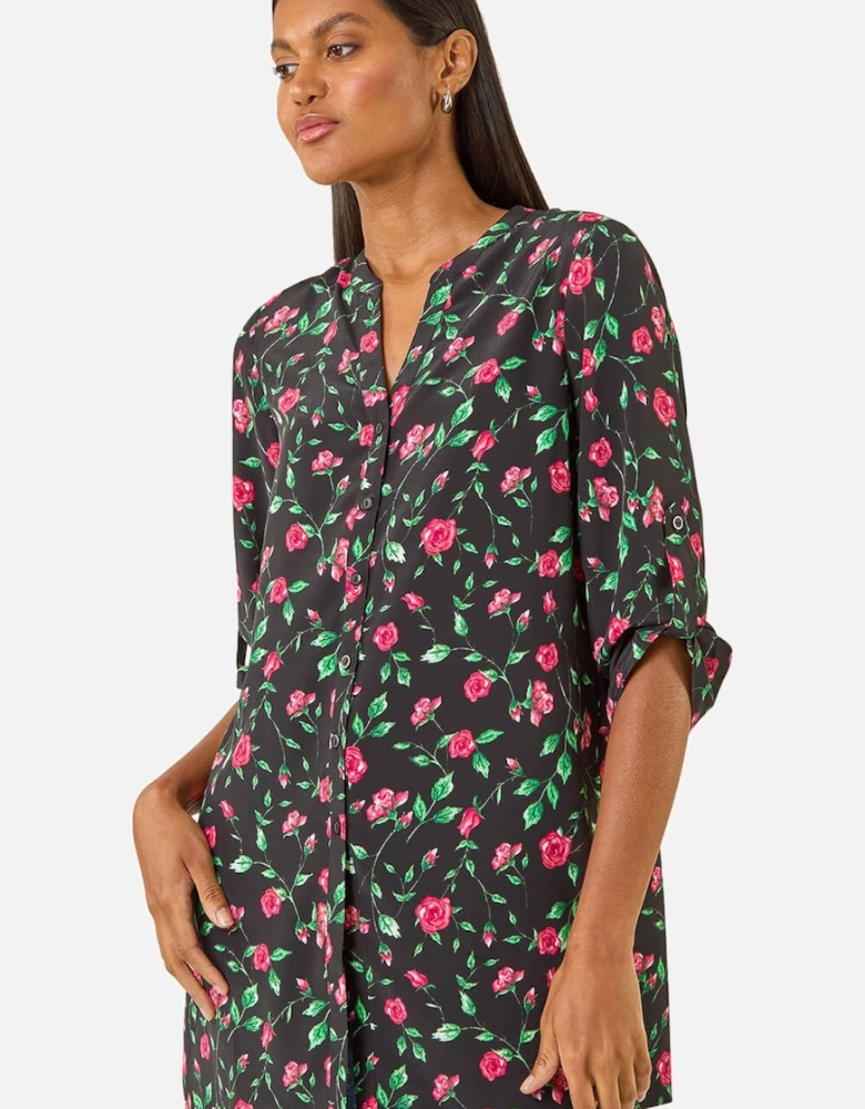 Rose Print Longline Buttoned  Blouse