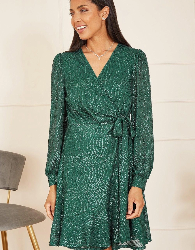 Green Sequin Long Sleeve Frill Wrap Dress