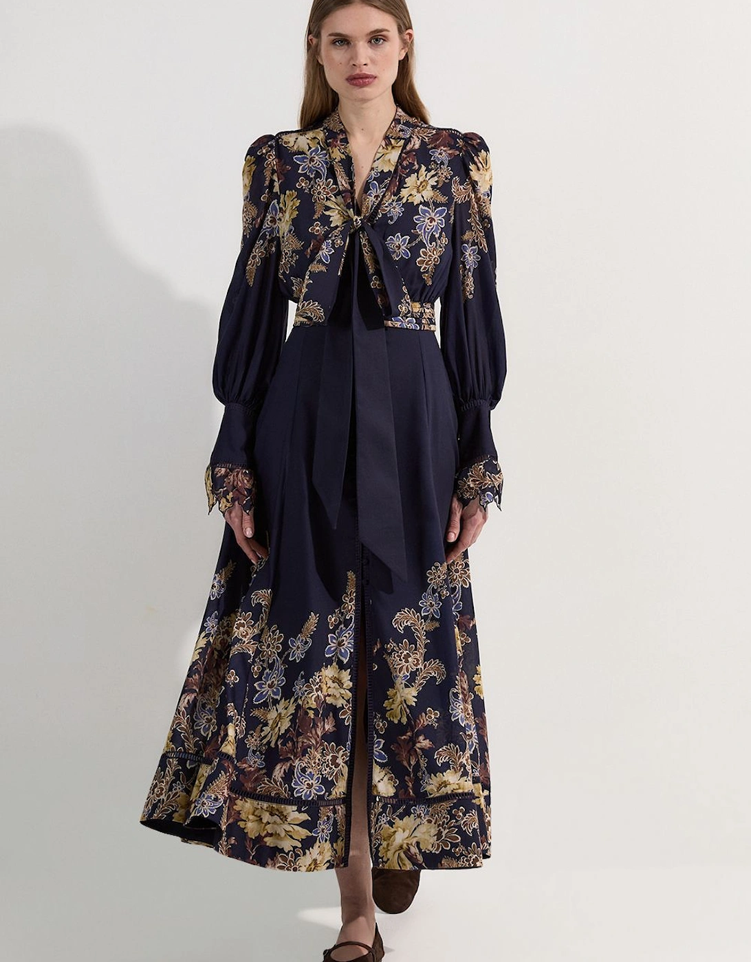 Voile Floral Border Print Woven Maxi Dress With Ladder Lace Trim, 2 of 1