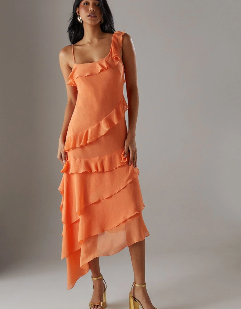 Chiffon Asymmetric Hem Ruffle Midi Slip Dress