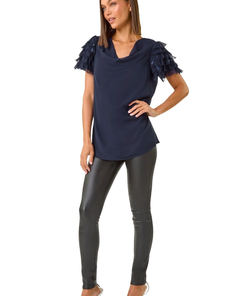 Cowl Neck Shoulder Sequin Frill Top