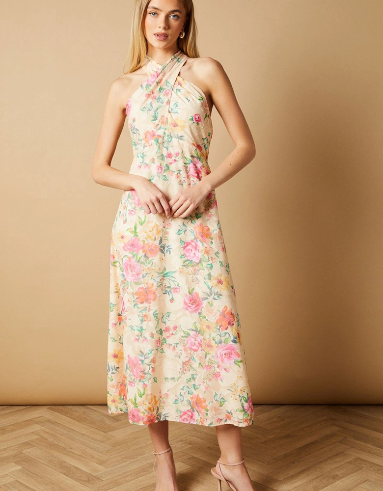 Occasion Floral Halterneck Jacquard Midi Dress