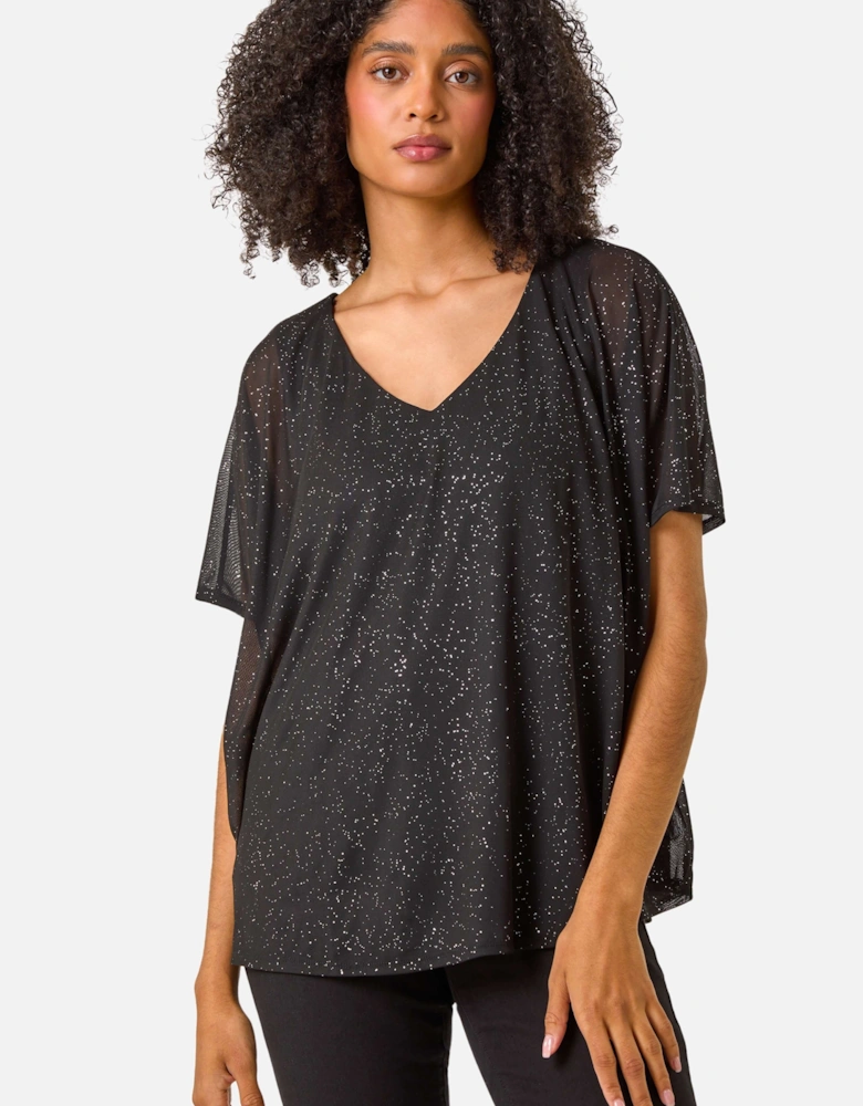 Glitter Mesh Overlay Tunic Stretch Top