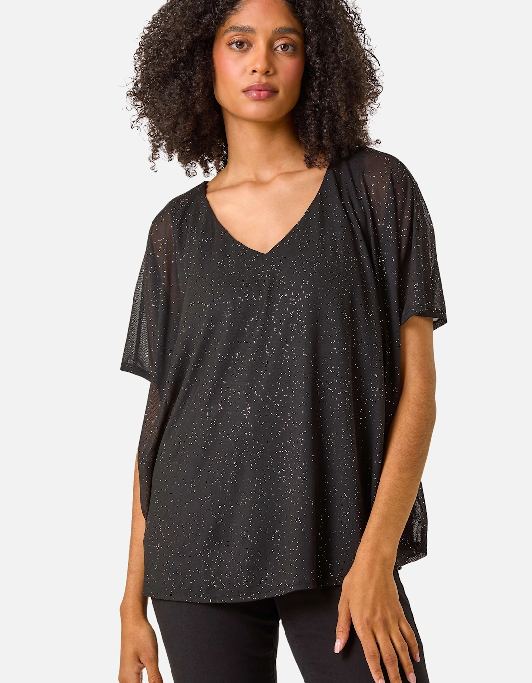 Glitter Mesh Overlay Tunic Stretch Top, 2 of 1