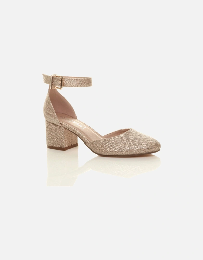 Mid Block Heel Ankle Strap Glitter Mesh 2 Part Heels