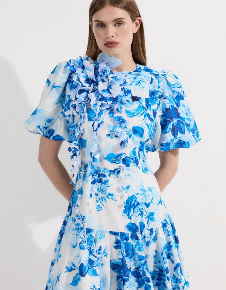 Floral Print & Applique Puff Sleeve Woven Mini Dress