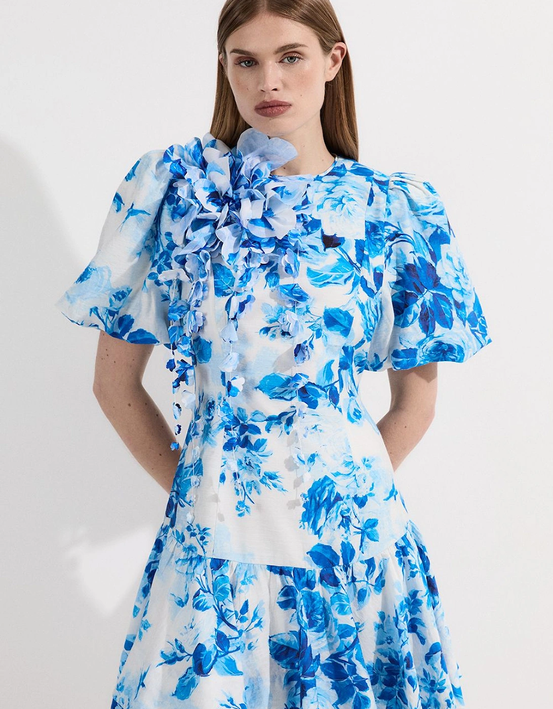 Floral Print & Applique Puff Sleeve Woven Mini Dress, 2 of 1