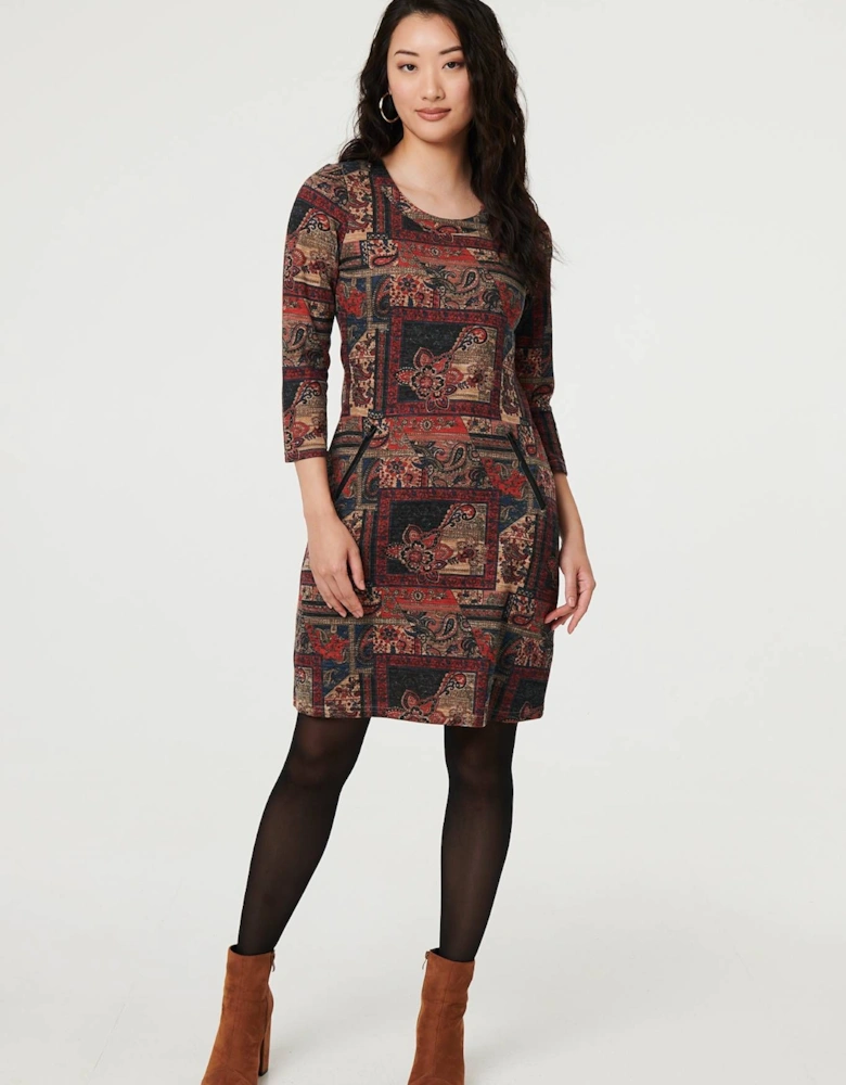 Patchwork Print 3/4 Sleeve Short Dress