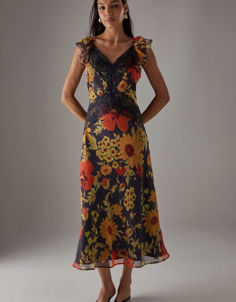 HCD Chiffon Lace Insert Frill Sleeve Midi Dress