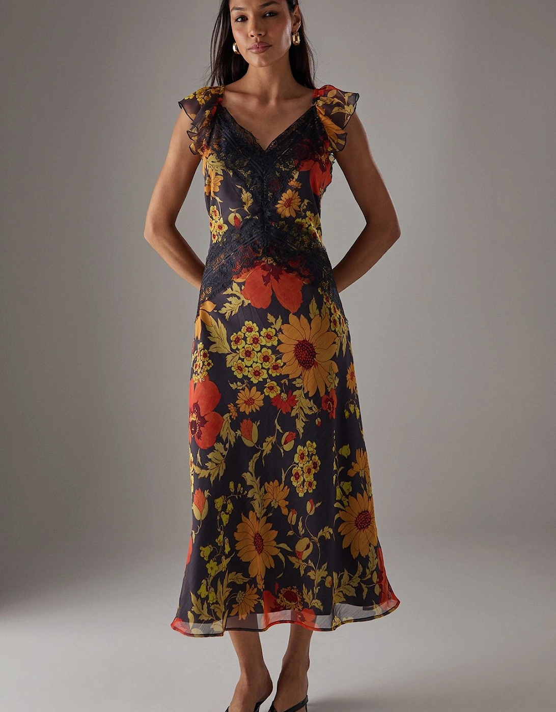 HCD Chiffon Lace Insert Frill Sleeve Midi Dress, 2 of 1