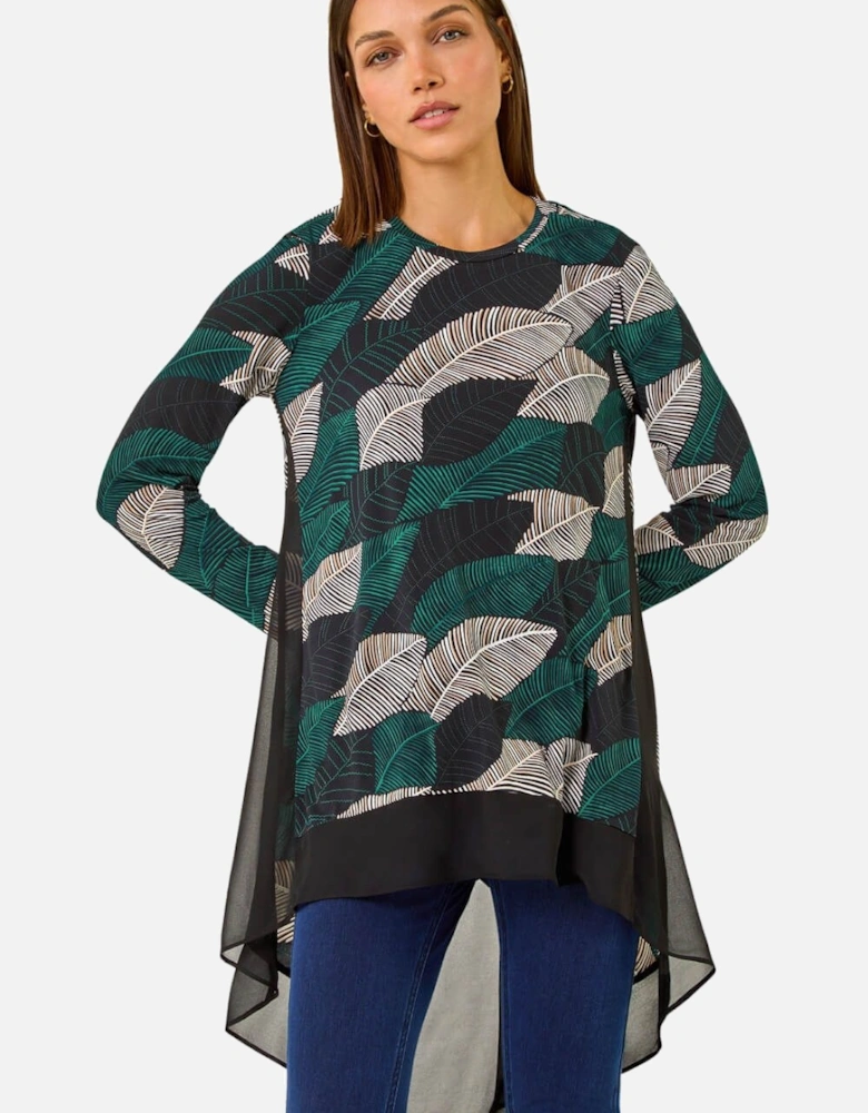Leaf Print Chiffon Dipped Hem Top