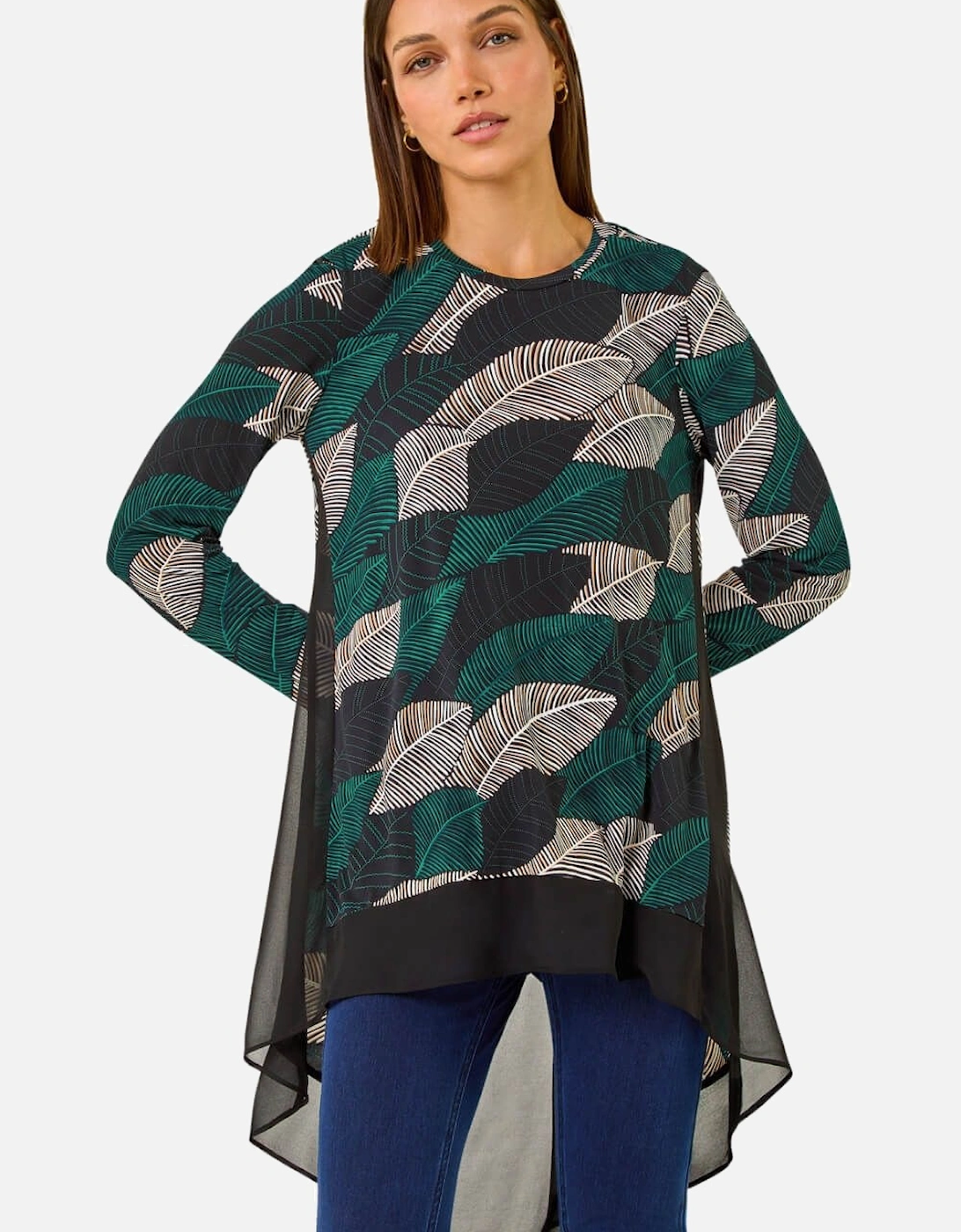 Leaf Print Chiffon Dipped Hem Top, 2 of 1