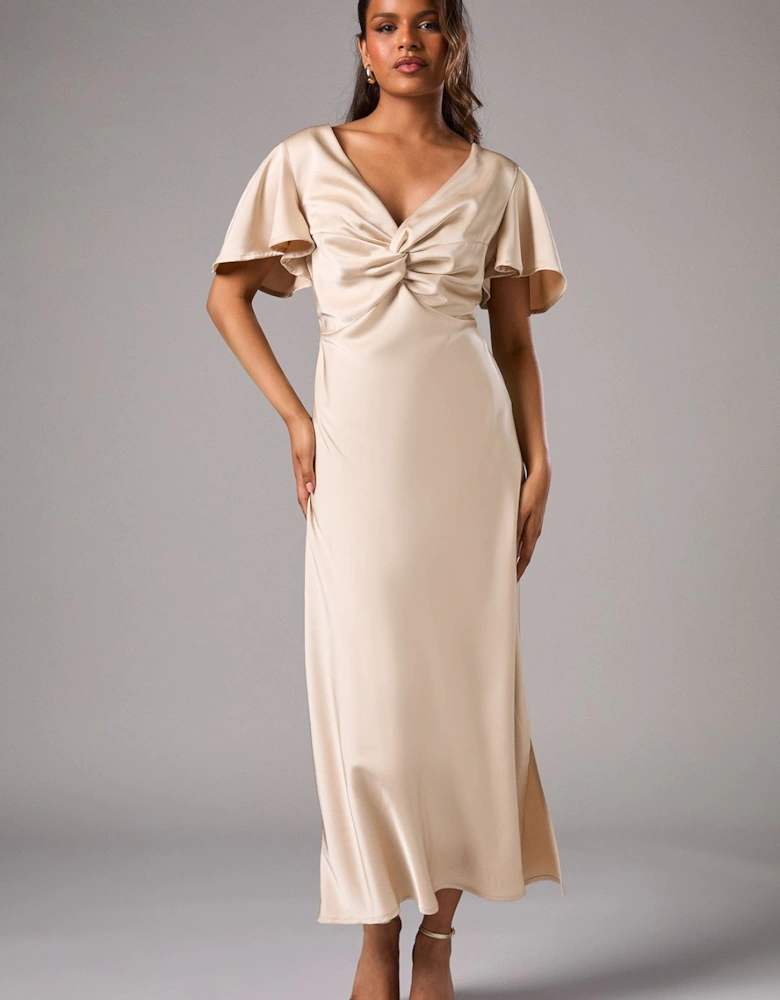 Petite Satin Twist Angel Sleeve Midi Bridesmaid Dress