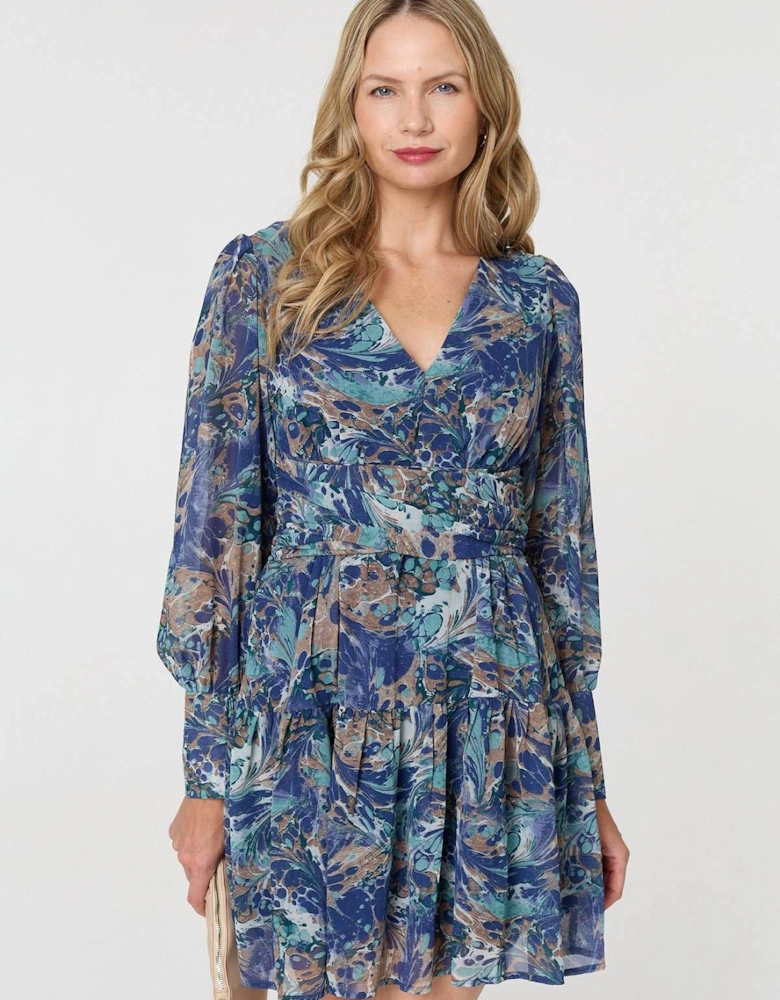 Printed Long Sleeve Pleated Short Dress
